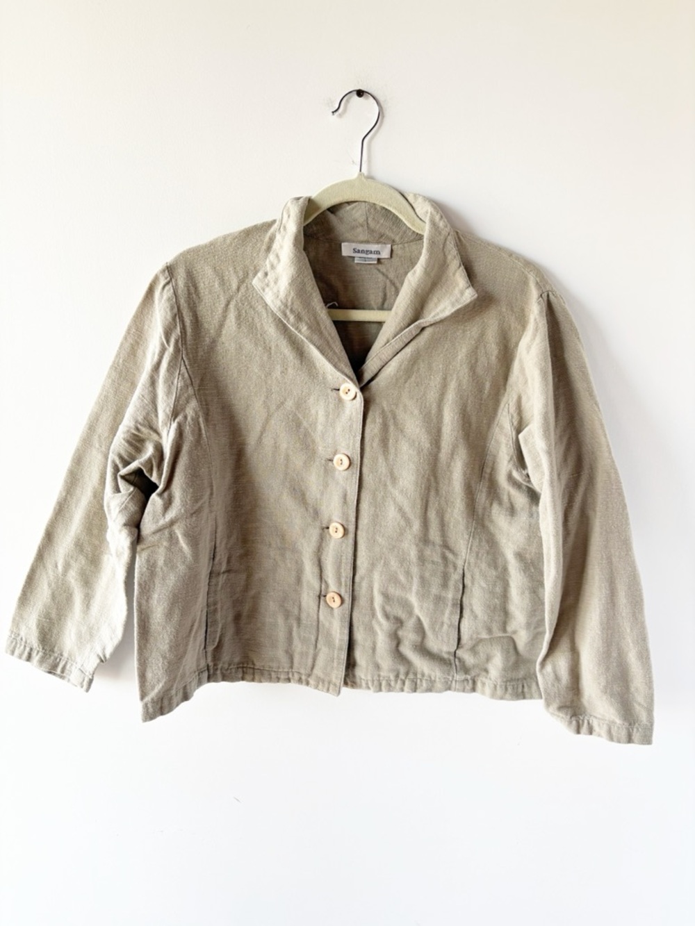 Sangam Vintage Tan Cotton Button-Up Boxy Cropped Jacket Long Sleeve Minimalist L